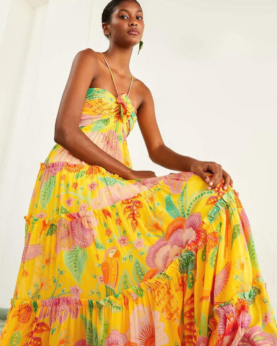 Sue Baskılı Boyundan Bağlamalı Ek Yeri Maxi Elbise