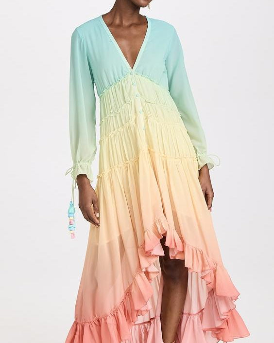 Güzel Gökkuşağı Degrade Fırfırlı Şifon Maxi Elbise