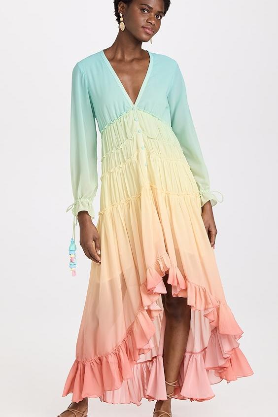 Güzel Gökkuşağı Degrade Fırfırlı Şifon Maxi Elbise