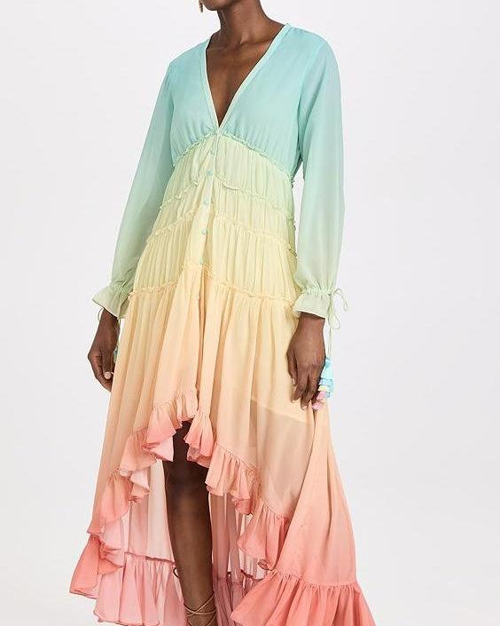 Güzel Gökkuşağı Degrade Fırfırlı Şifon Maxi Elbise