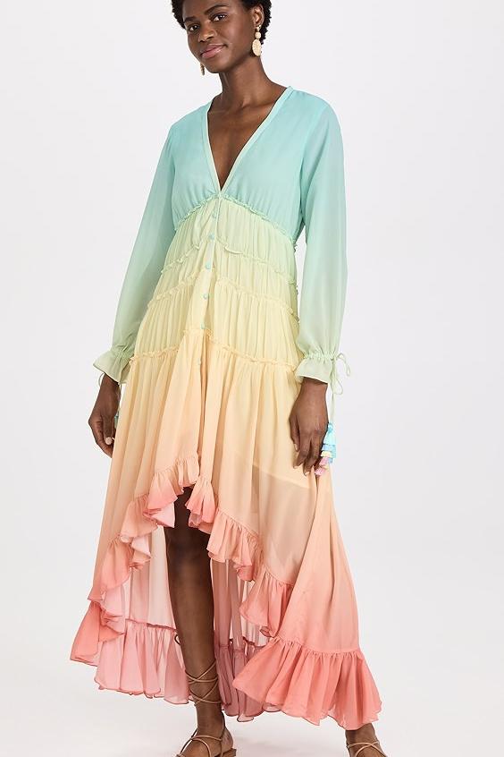 Güzel Gökkuşağı Degrade Fırfırlı Şifon Maxi Elbise