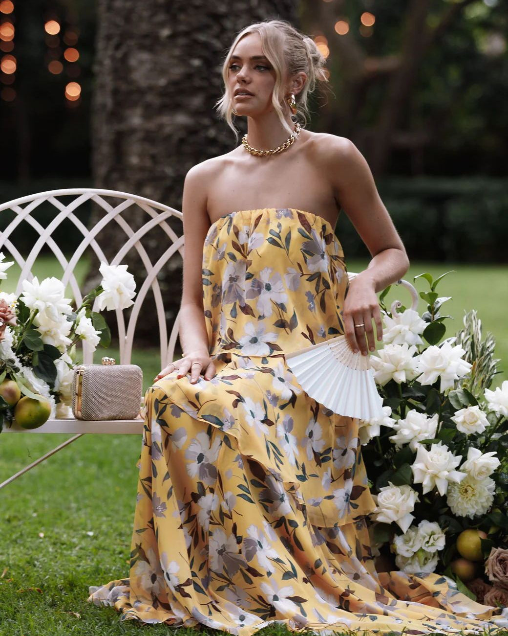 Elsie Baskılı Katlı Straplez Uzun Elbise