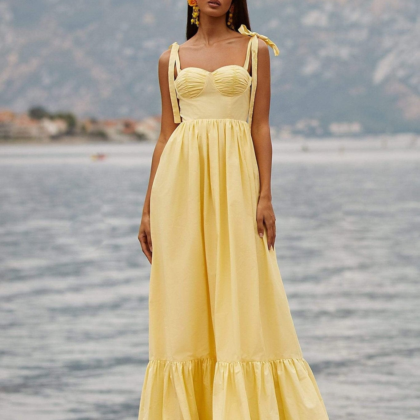 Julian Papyon Askılı Fırfırlı Maxi Elbise