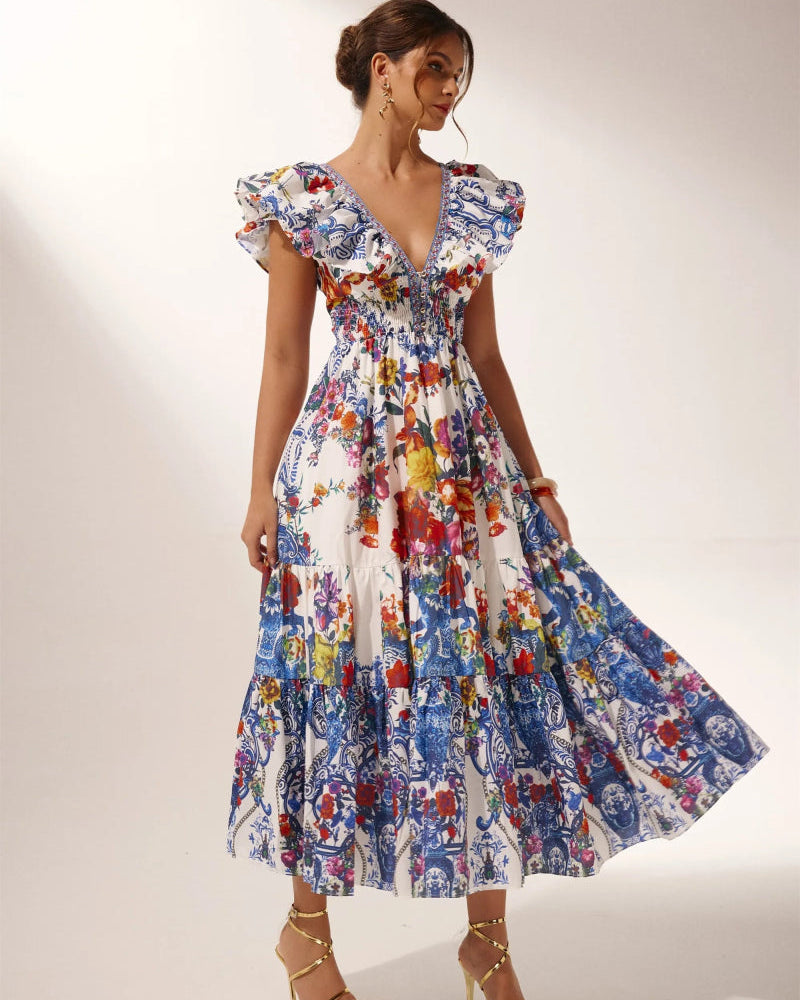 Haziran Çiçek Baskılı Fırfırlı Maxi Elbise