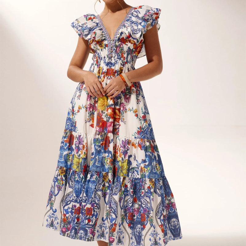 Haziran Çiçek Baskılı Fırfırlı Maxi Elbise