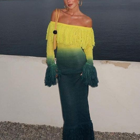 Lara Degrade Püsküllü Tığ İşi Uzun Elbise