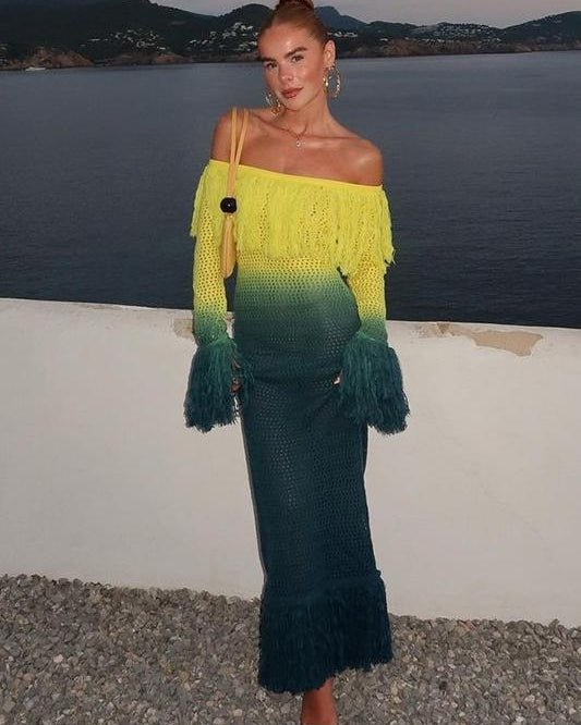 Lara Degrade Püsküllü Tığ İşi Uzun Elbise