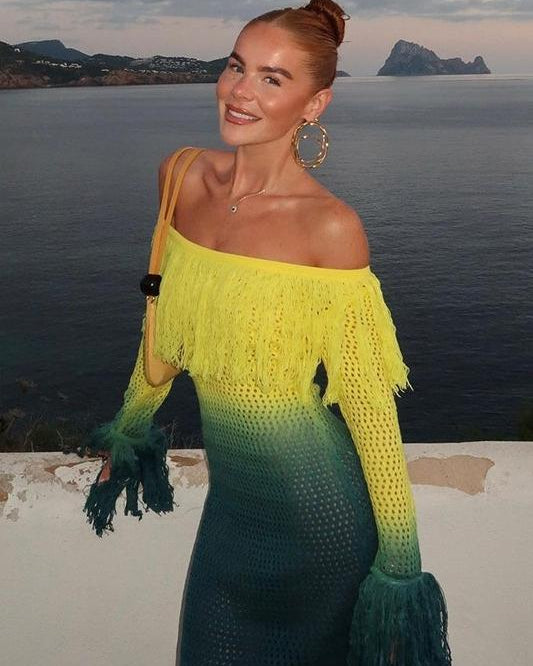 Lara Degrade Püsküllü Tığ İşi Uzun Elbise