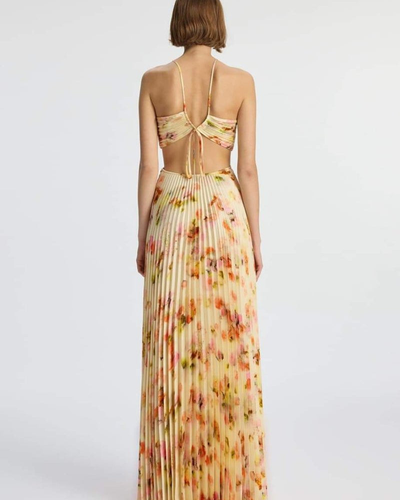 Leila Boyundan Bağlamalı Kesik Pileli Maxi Elbise