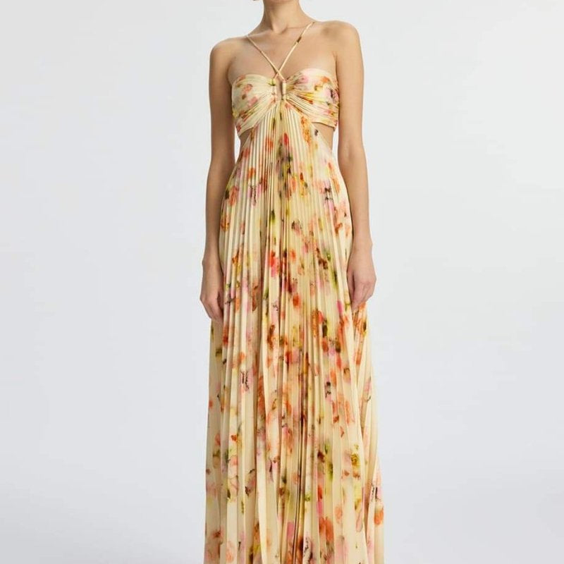 Leila Boyundan Bağlamalı Kesik Pileli Maxi Elbise