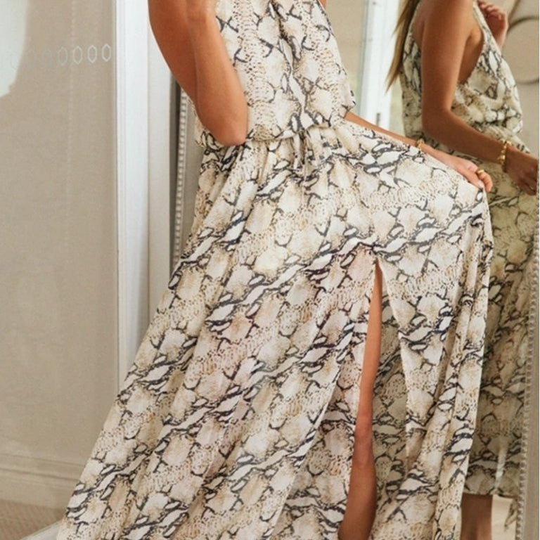 Lilian Baskılı Boyundan Bağlamalı Yırtmaçlı Uzun Elbise