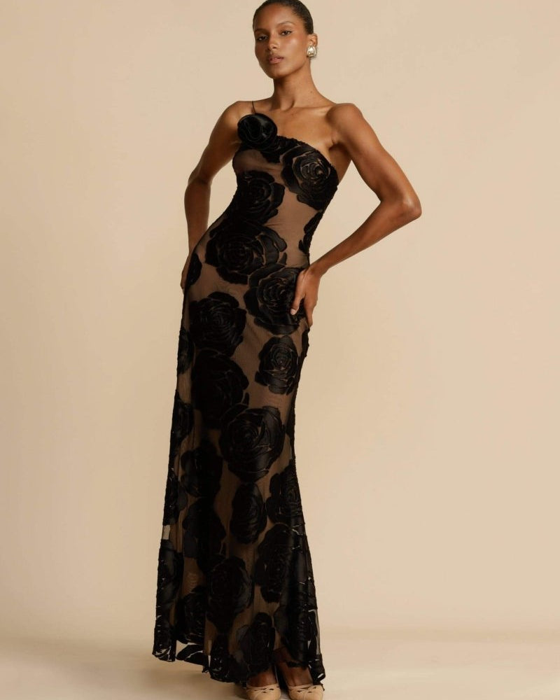 Lindsay Çiçek Baskılı Tek Omuz Uzun Elbise