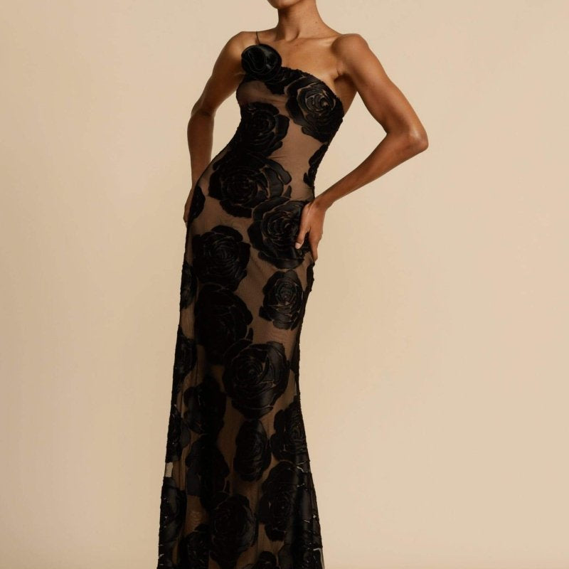 Lindsay Çiçek Baskılı Tek Omuz Uzun Elbise