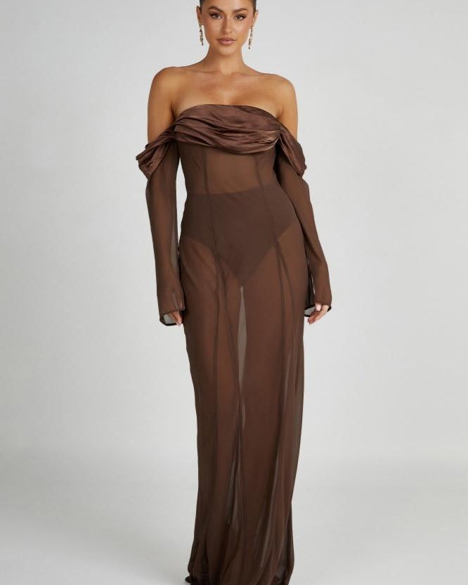 Liz Omuzu Açık Şifon Maxi Elbise