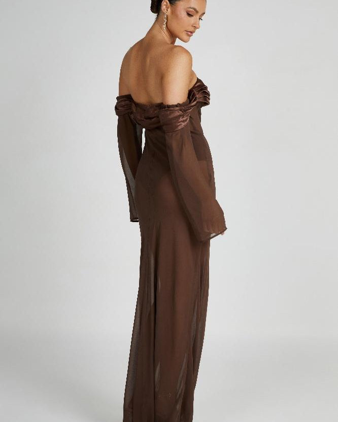 Liz Omuzu Açık Şifon Maxi Elbise