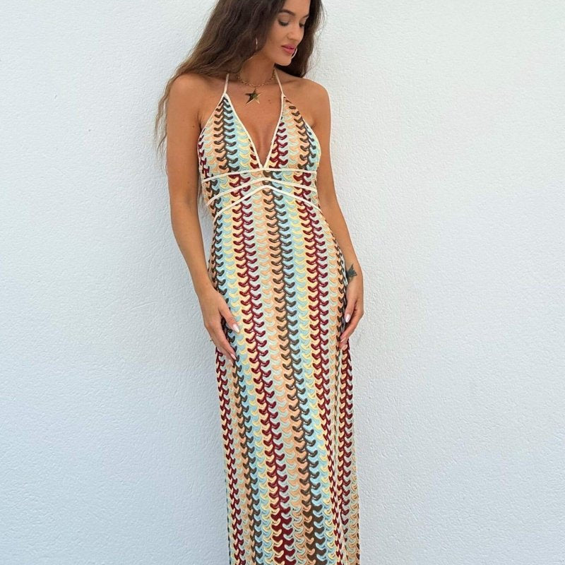 Lydia Halter Yaka Tığ İşi Uzun Elbise