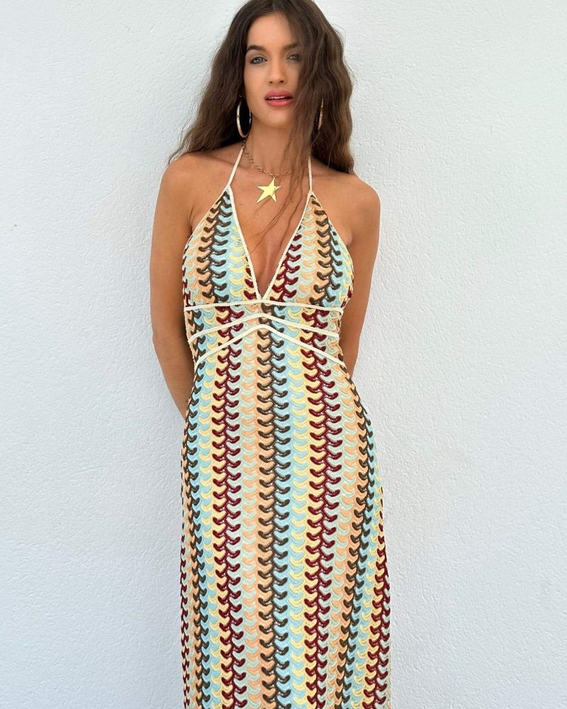 Lydia Halter Yaka Tığ İşi Uzun Elbise