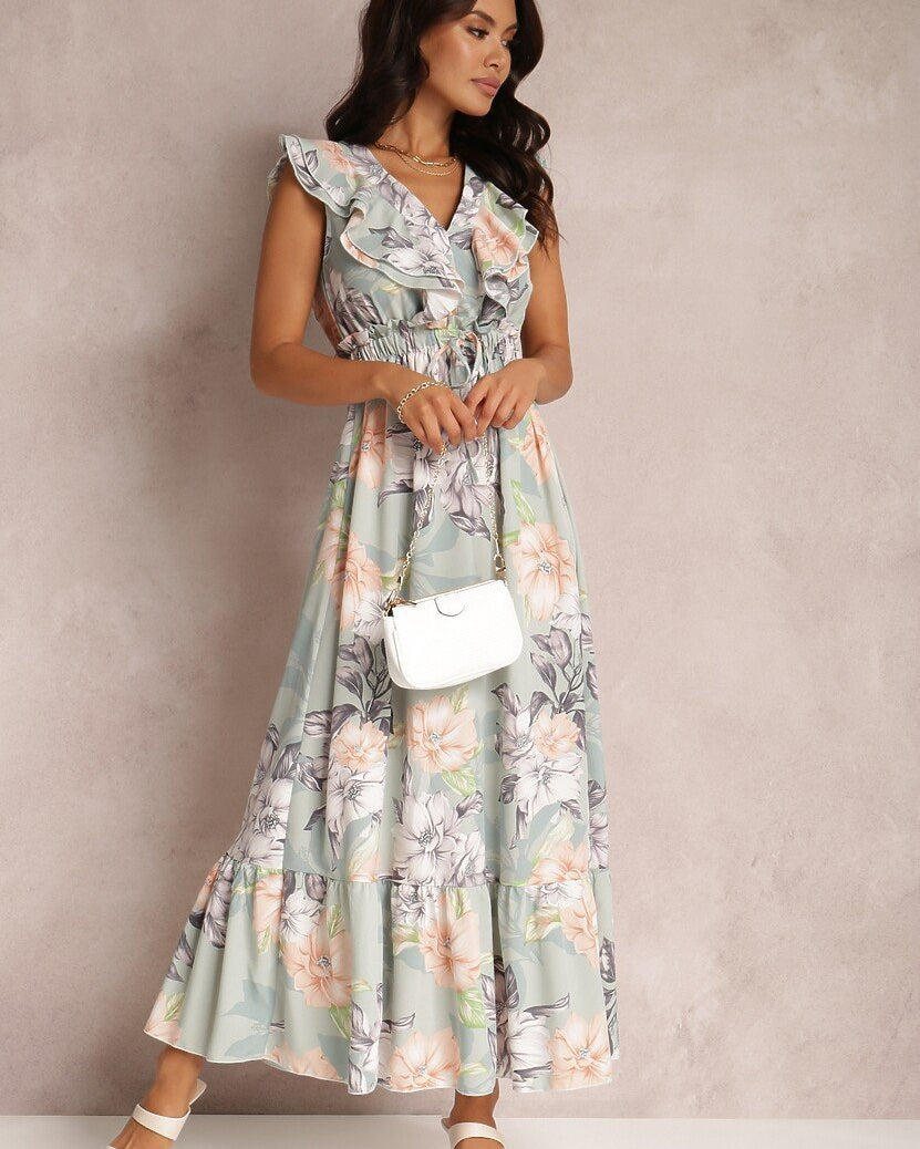 Marjorie Baskılı Fırfırlı V Yaka Maxi Elbise