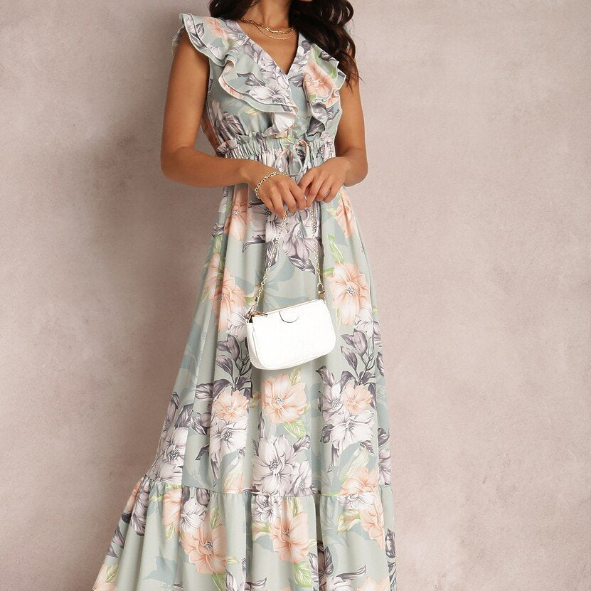 Marjorie Baskılı Fırfırlı V Yaka Maxi Elbise