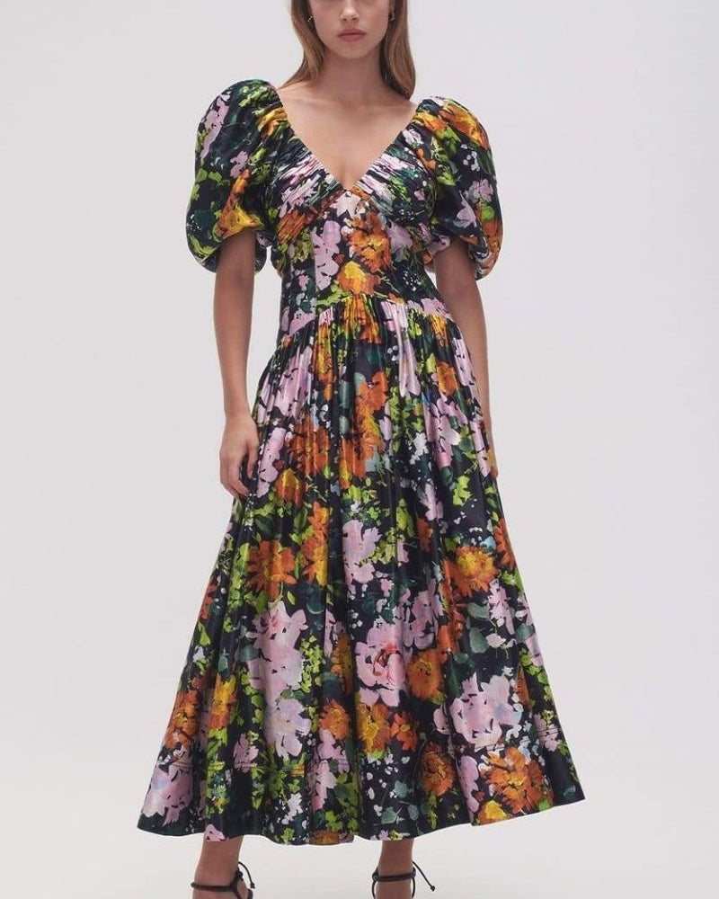 Megan Baskılı V Yaka Puf Kollu Midi Elbise