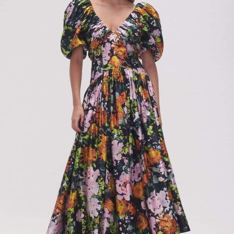 Megan Baskılı V Yaka Puf Kollu Midi Elbise