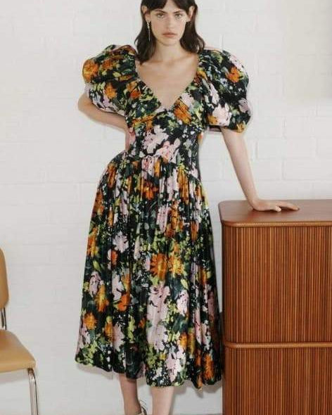 Megan Baskılı V Yaka Puf Kollu Midi Elbise