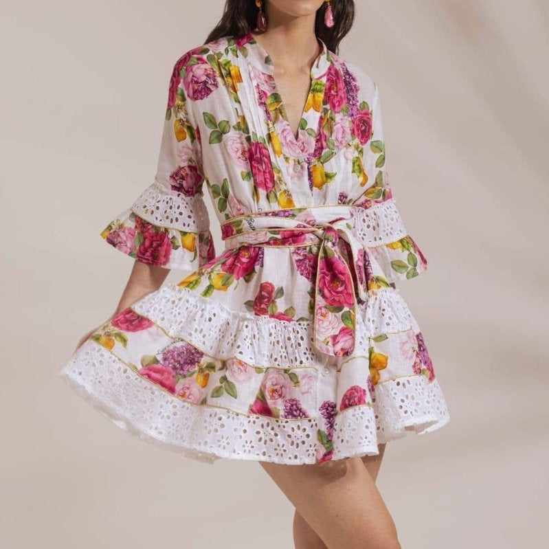 Melissa Baskılı Dantel Kenarlı Volanlı Mini Elbise