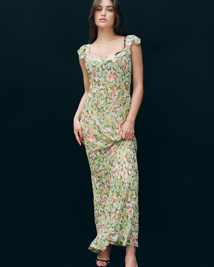 Mildred Baskılı Kayık Yaka Uzun Elbise