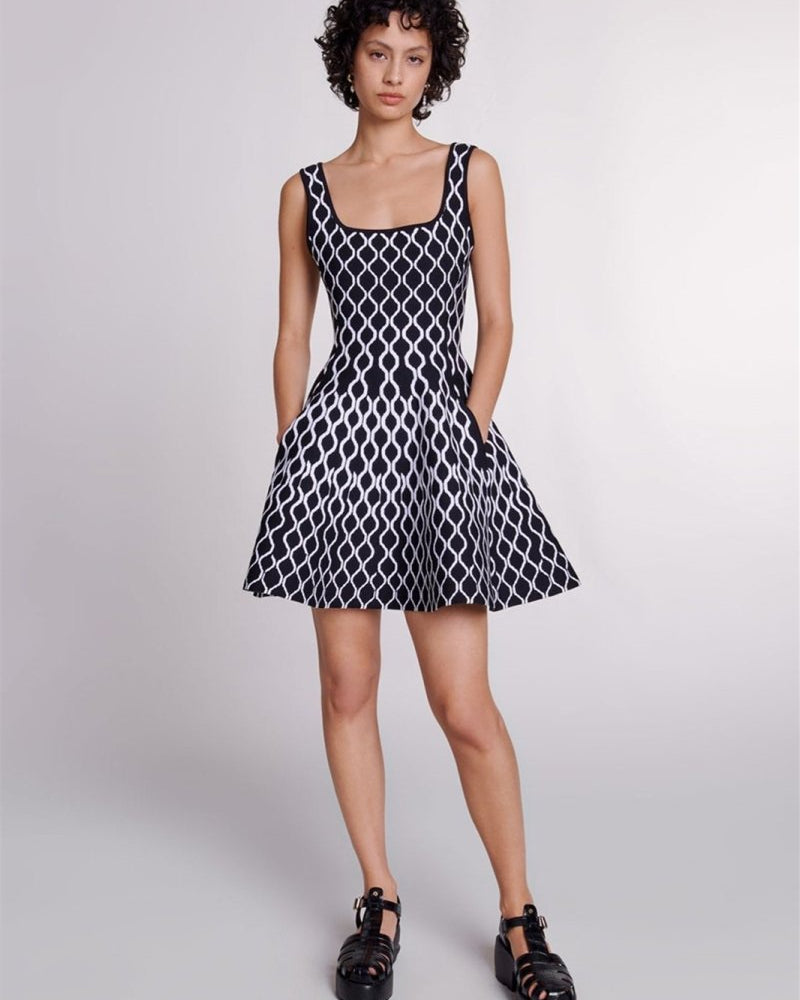 Mona Soyut Baskılı Kare Yaka Mini Örgü Elbise