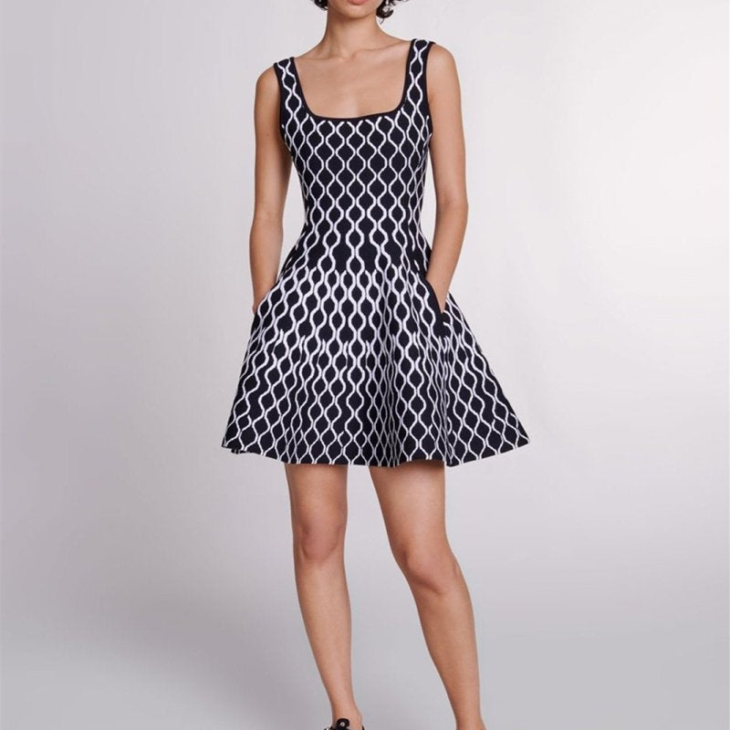 Mona Soyut Baskılı Kare Yaka Mini Örgü Elbise