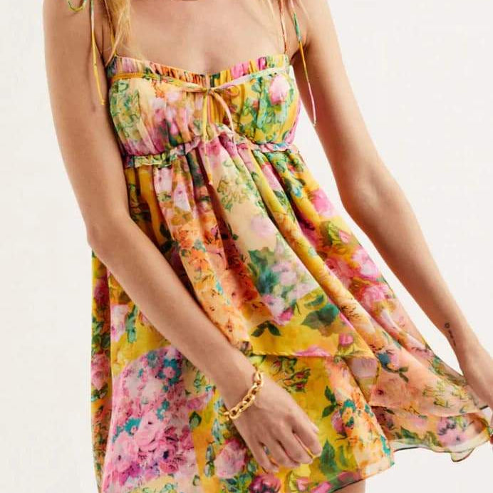 Mona Çiçek Baskılı Şifon Mini Elbise