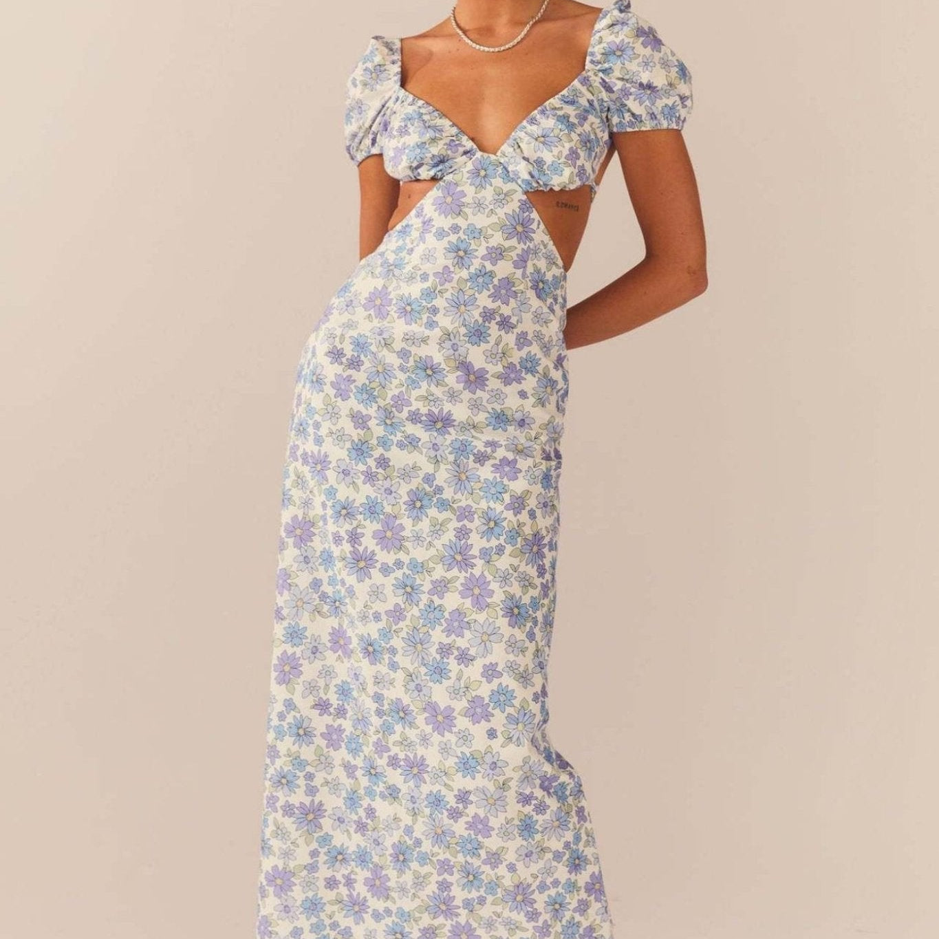 Nadia Baskılı Sırtı Açık Uzun Elbise