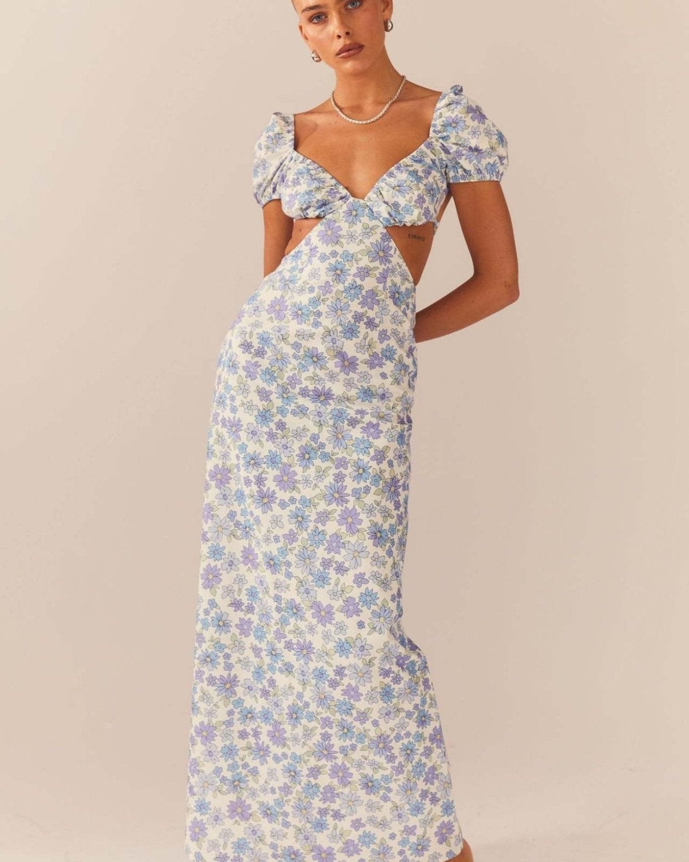 Nadia Baskılı Sırtı Açık Uzun Elbise