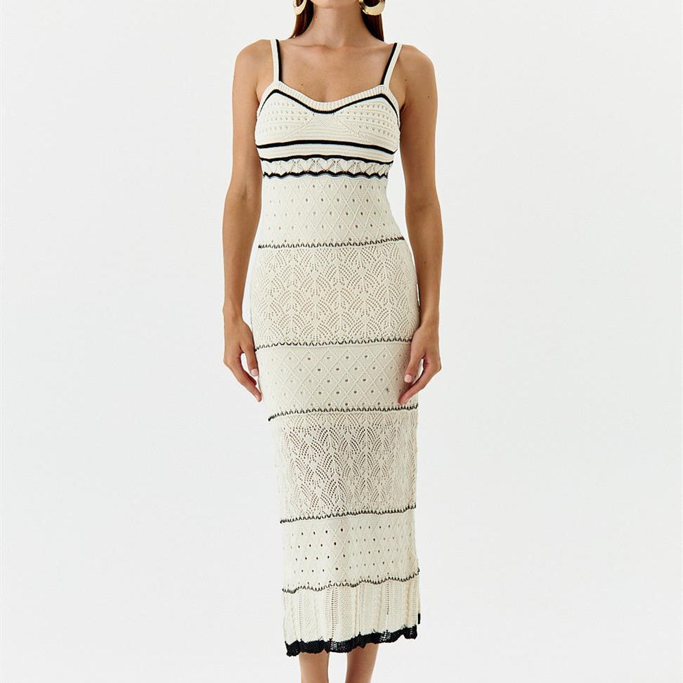 Nan Kontrast Tığ İşi Uzun Askılı Elbise