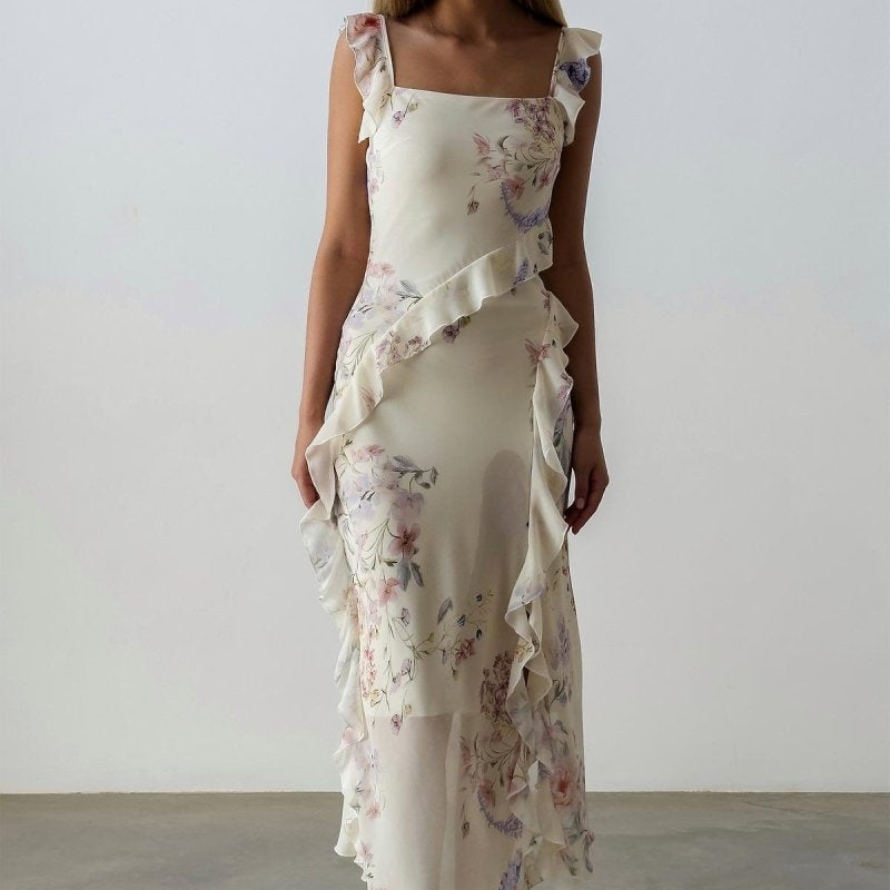 Naomi Çiçekli Volanlı Kesimli Askılı Midi Elbise