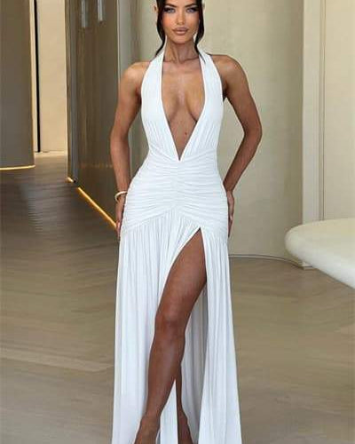 Norma Boyundan Bağlamalı Derin V Yaka Uzun Elbise