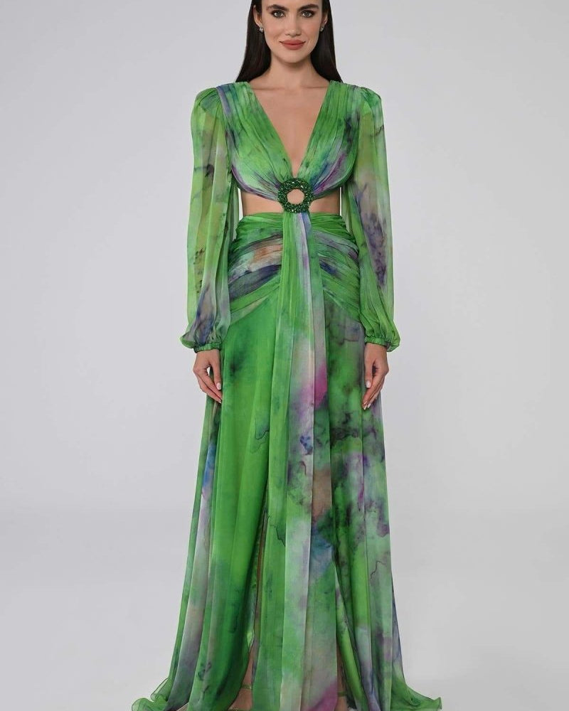 Novia V Yaka Çift Yırtmaçlı Uzun Elbise