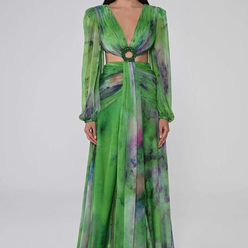 Novia V Yaka Çift Yırtmaçlı Uzun Elbise