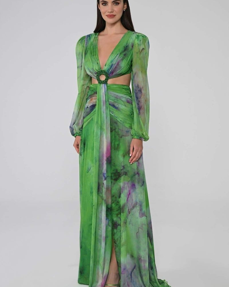 Novia V Yaka Çift Yırtmaçlı Uzun Elbise