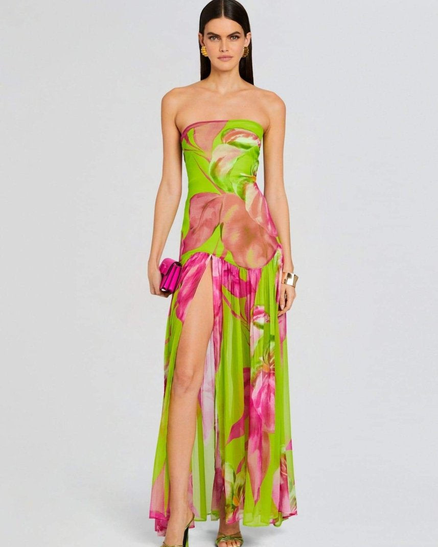 Nydia Çiçek Baskılı Straplez Uzun Elbise