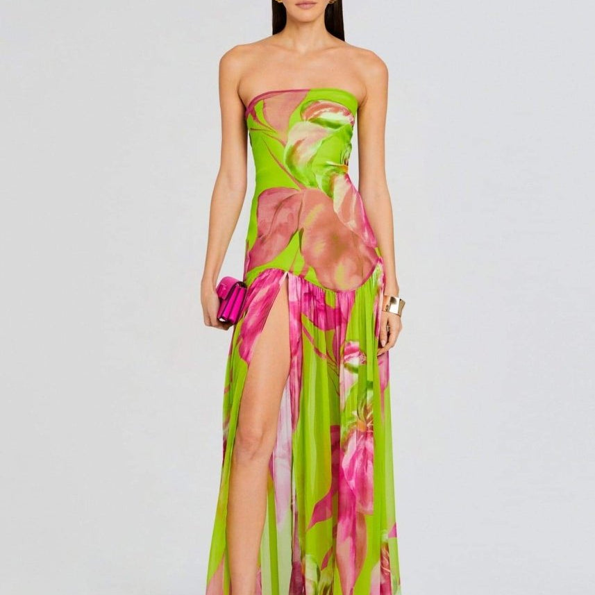 Nydia Çiçek Baskılı Straplez Uzun Elbise