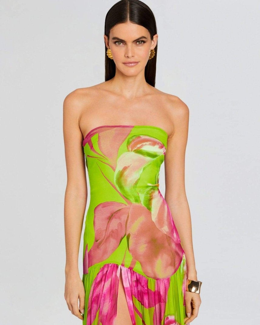 Nydia Çiçek Baskılı Straplez Uzun Elbise