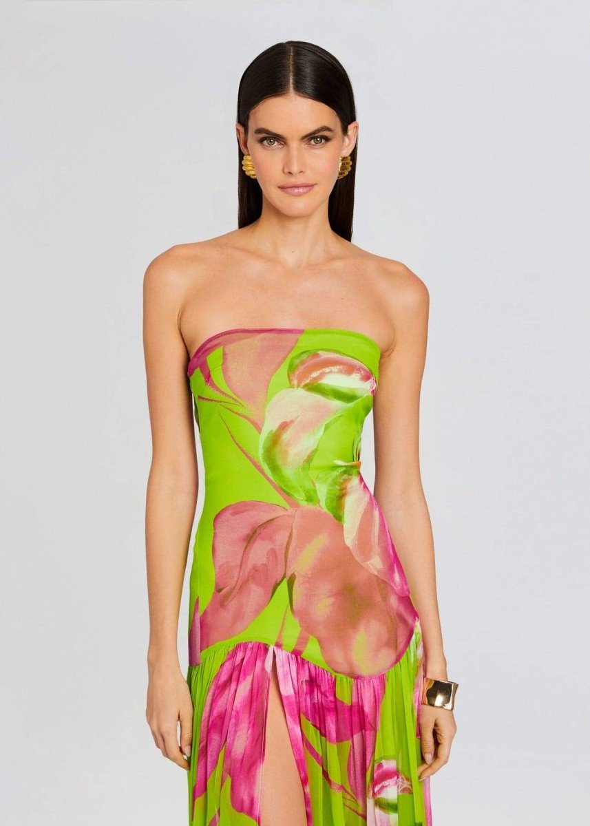 Nydia Çiçek Baskılı Straplez Uzun Elbise