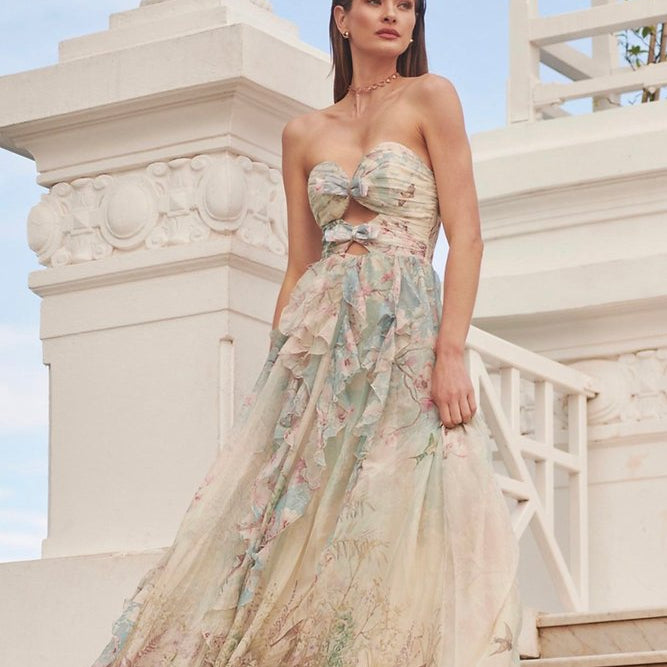 Octavia Baskılı Cut-Out Fırfırlı Maxi Elbise