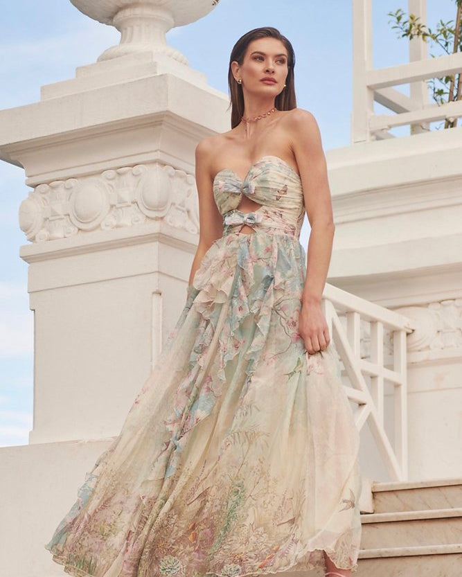 Octavia Baskılı Cut-Out Fırfırlı Maxi Elbise