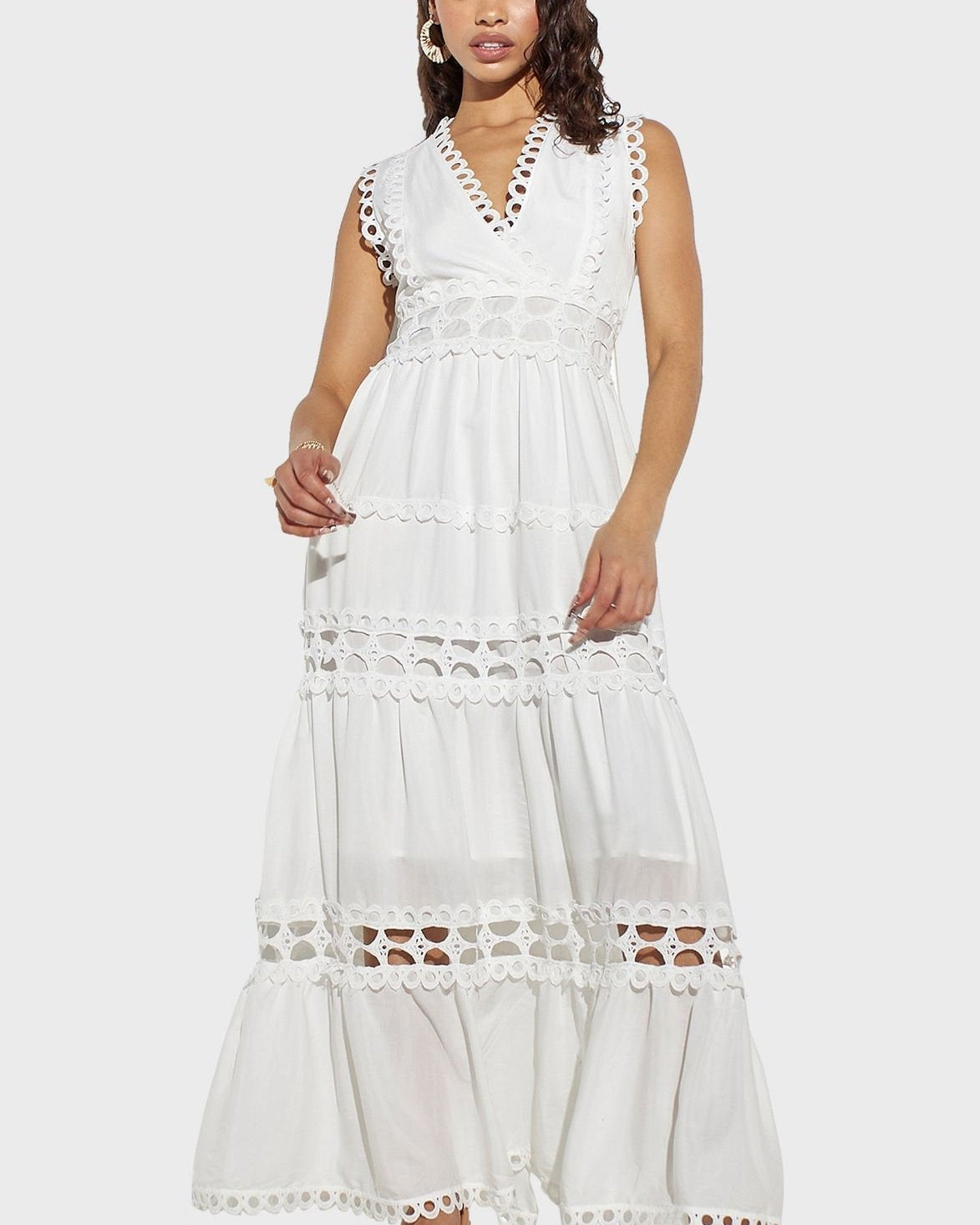 Odelia V Yaka Dantelli Uzun Elbise