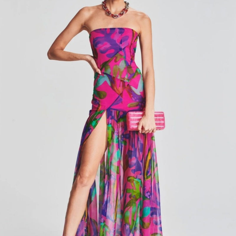 Pam Baskılı Straplez Yırtmaçlı Uzun Elbise