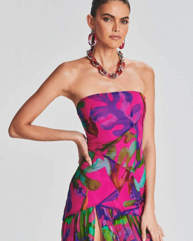 Pam Baskılı Straplez Yırtmaçlı Uzun Elbise