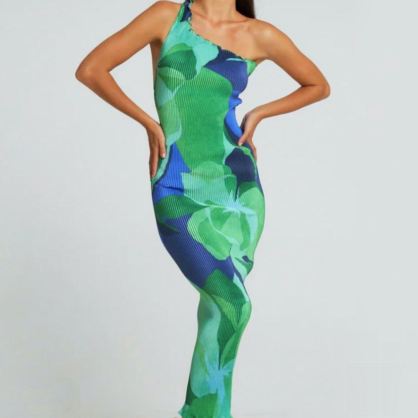 Pamela Baskılı Plise Dekolteli Bodycon Maxi Elbise