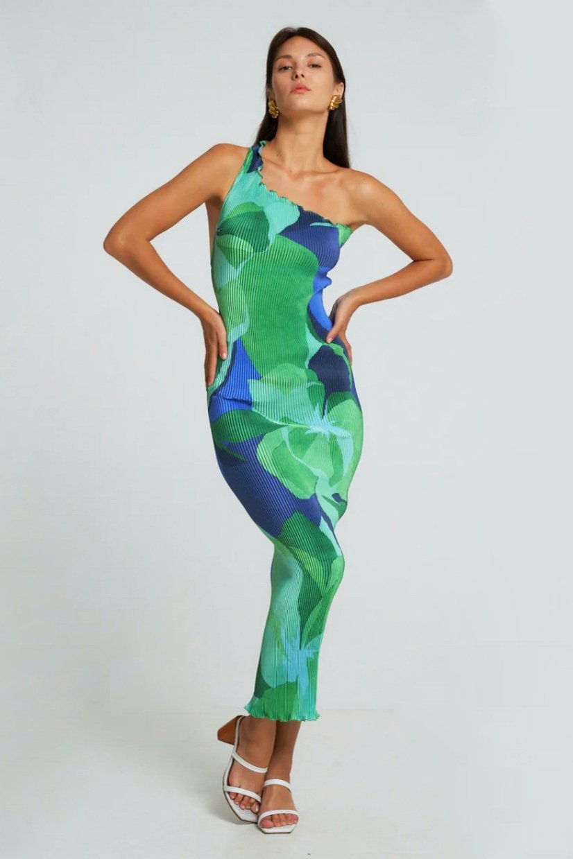 Pamela Baskılı Plise Dekolteli Bodycon Maxi Elbise